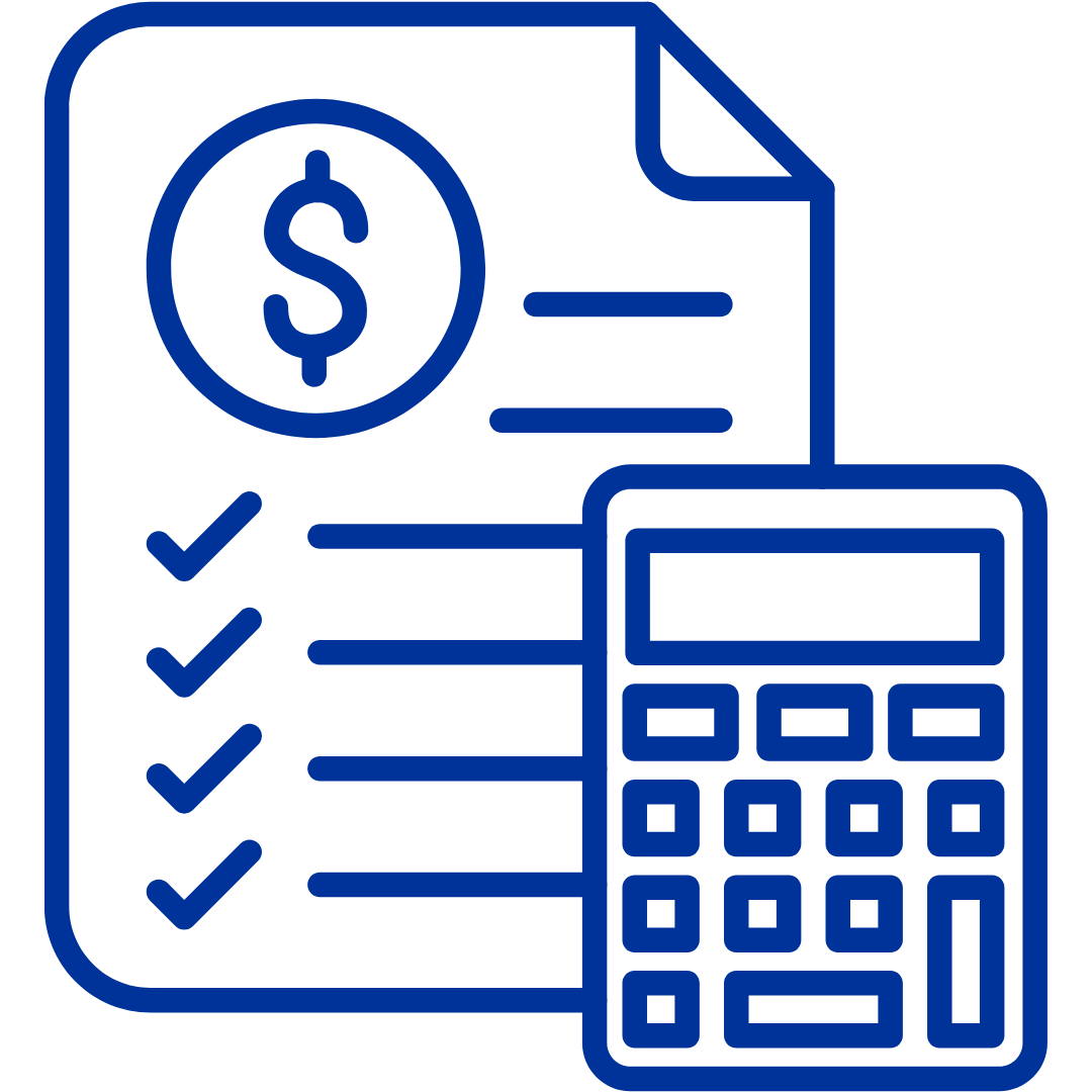 Calculator in front of bill. All objects are outlines.